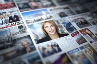 Collage of corporate mainstream media and international news coverage, AI generated