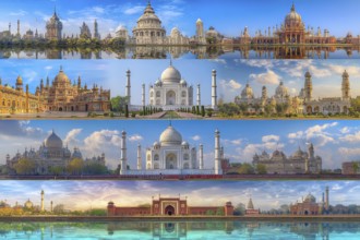 Collage of churches, mosques and hindu temples. Concept of travel and sightseeing, AI generated
