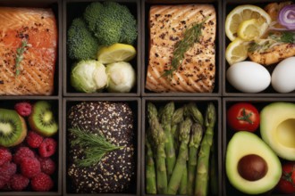 Collage of boxes with healthy food for various diets that improve digestive and heart health, AI
