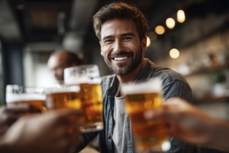 Cheerful man and his friends toast with beer while gathering in bar for the celebration event, AI