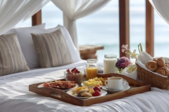 Breakfast in bed on vacation at a luxury hotel room with beautiful ocean view, AI generated