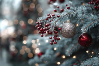 Christmas Tree With Baubles, holiday season and holiday greetings. Happy family time, AI generated