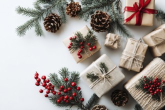 Christmas and New Year holiday background. Xmas greeting card and gifts on white background top