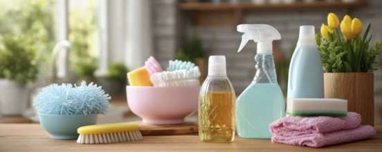 Cleaning set with products and tools on kitchen table, AI generated