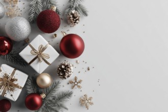 Christmas decoration and gifts on white background, AI generated