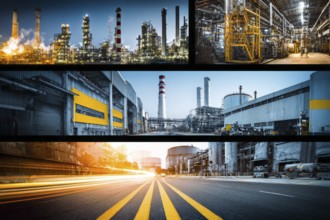 Collage of industrial factories and warehouses. Illustration of global international trade and