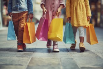Children with colourful shopping bggs, AI generated
