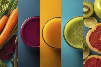 Collage healthy organic juices that improve digestion health and heart health, AI generated