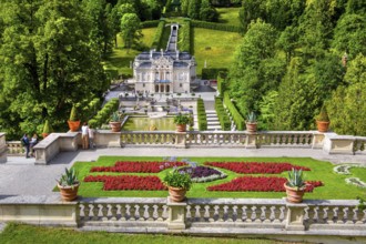 Baroque gardens at the Temple of Venus with a view of the water parterre and Linderhof Palace,