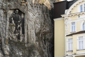 Hotel Elizabeth with relief by Jan Jiskra on the castle hill in Trencin, Capital of Culture 2026,