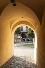Alley with a view of the square and the Plague Column in the historic centre of the Capital of