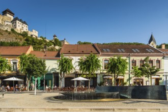 The Peace Square in the old town centre of Trencín, Trencín Castle in the background, Capital of