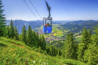 Laberberg cable car with view of the village, Oberammergau, Ammertal, Ammergebirge, Upper Bavaria,