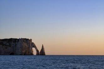 Rock arch Falaise or Porte d'Aval and rock needle Aiguille, Étretat, sea, steep coast, cliffs,