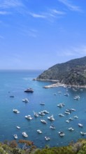 USA, California, panoramic view of Catalina Island Bay and Avalon. Chimes Lookout. Travel