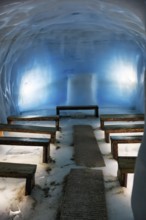 Ice tunnel, wooden benches, illuminated glacier cave, illustration, Langjökull glacier, Husafell,