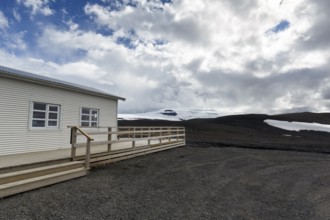 Wooden house, base camp Klaki, starting point for glacier tour, glacier Langjökull, Husafell,