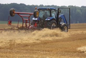 Hastings, Michigan - A farmer uses a New Holland ProTed 3625 tedder to aerate her crop. A tedder