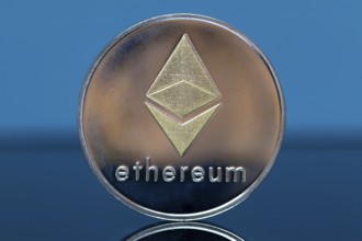 Close-up of a symbolic Ethereum coin