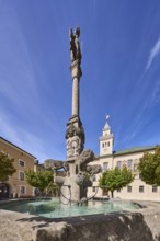 Wittelsbacherbrunnen, fountain, sculptor Karl Killer, historic town hall, trees, blue sky,