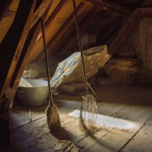Sunlight filters through an attic, illuminating a colorful sunshade and a butterfly net alongside