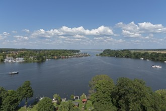 View from the tower of St Mary's Church, Müritz, lake, boats, boathouses, holiday homes, Röbel,