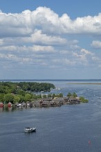 View from the tower of St Mary's Church, Müritz, lake, boats, boathouses, holiday homes, Röbel,