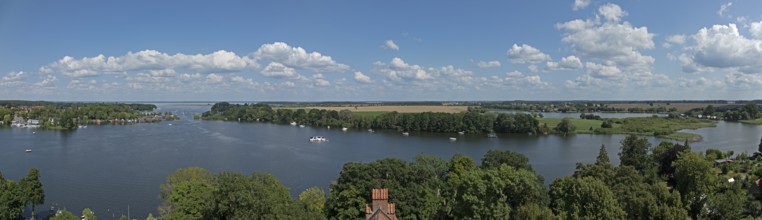 Panoramic view from the tower of St Mary's Church, Photomerge, Müritz, lake, boats, boathouses,