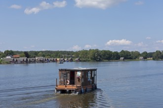 Boathouses, holiday homes on Lake Mirow, houseboat, Mirow, Mecklenburg Lake District,