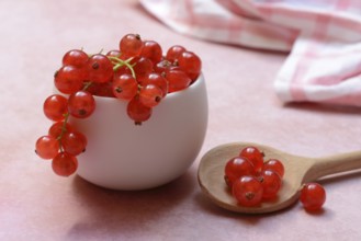Redcurrants in small bowls and wooden spoon, Ribes rubrum