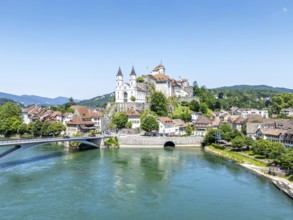 Aarburg town on the river Aare with church and fortress Aerial view from above in Aarburg,