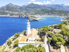 Port de Soller on Majorca with lighthouse aerial view holiday by the sea trip in Spain