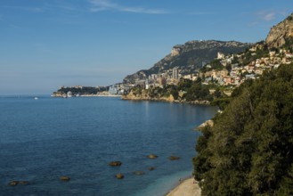 View of Roquebrune and Monaco, Plage du Golfe Bleu, Alpes Maritimes, Provence Alpes Cote d'Azur,