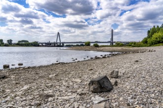 Low water level of the Rhine at Leverkusen, new Rhine bridge on the A1 motorway, extremely low