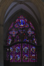 Interior view, stained glass window, coloured church windows, Cathédrale Notre-Dame de Bayeux,
