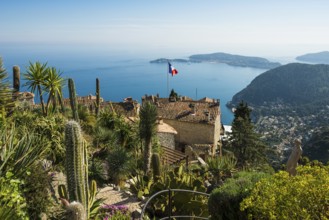 Picturesque mountain village overlooking the sea, Jardin Exotique, Èze, Cote d'Azur,