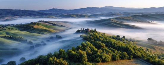 Beautiful foggy landscape in Tuscany, Italy, AI generated