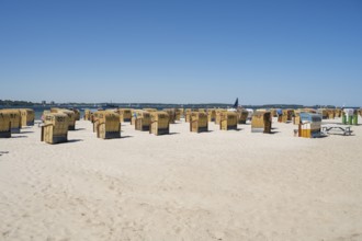 Beach chairs on the sandy beach, Laboe, Baltic seaside resort, fjord, Baltic Sea, North Frisia,