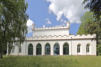 Gothic house with battlements and corner turrets, neo-Gothic, white, museum, Dornholzhausen, Bad