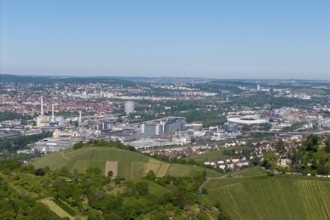 Panoramic view over the city of Stuttgart with vineyards in the foreground, in the background the