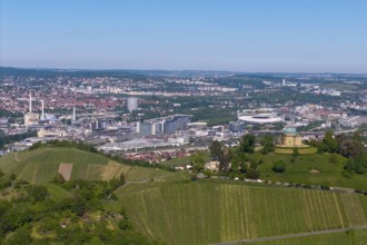 Panoramic view over Stuttgart with vineyards in the foreground and urban skyline behind, view of