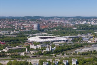 Aerial view, MHP Arena, surrounded by green urbanity and buildings in Stuttgart, Baden-Württemberg,
