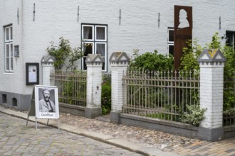 Sign and fence at the Theodro Storm House, Theodor Storm Centre, Museum, Old Town, Husum, North