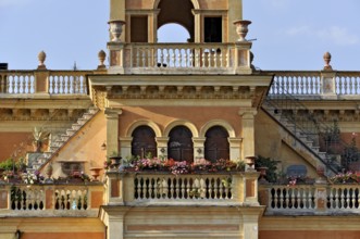 Magnificent city villa Palazzo Rosi with terraces, balconies, balustrades, stairs, arches, columns,