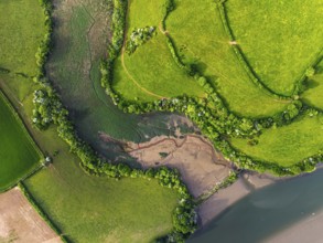 Top Down over Marshes over River Dart from a drone, Stoke Gabriel, Totnes, Devon, England, United