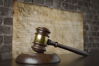 United states constitution on wall with gavel resting on table in front