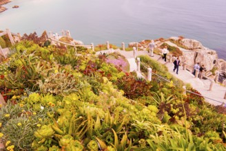 Minack Theatre, spectacular open-air theatre, circular path with lush planting, South England,