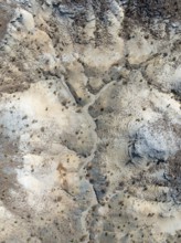 Broken, rocky ground with sparse vegetation. Aerial view. Drone shot. Southern Namibia