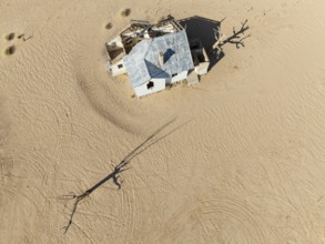 The long abandoned Garum train station in the southern Namib Desert. Aerial view. Drone shot.
