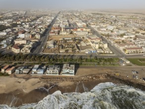 The coastal town of Swakopmund between Namib Desert and Atlantic Ocean. Aerial view. Namibia